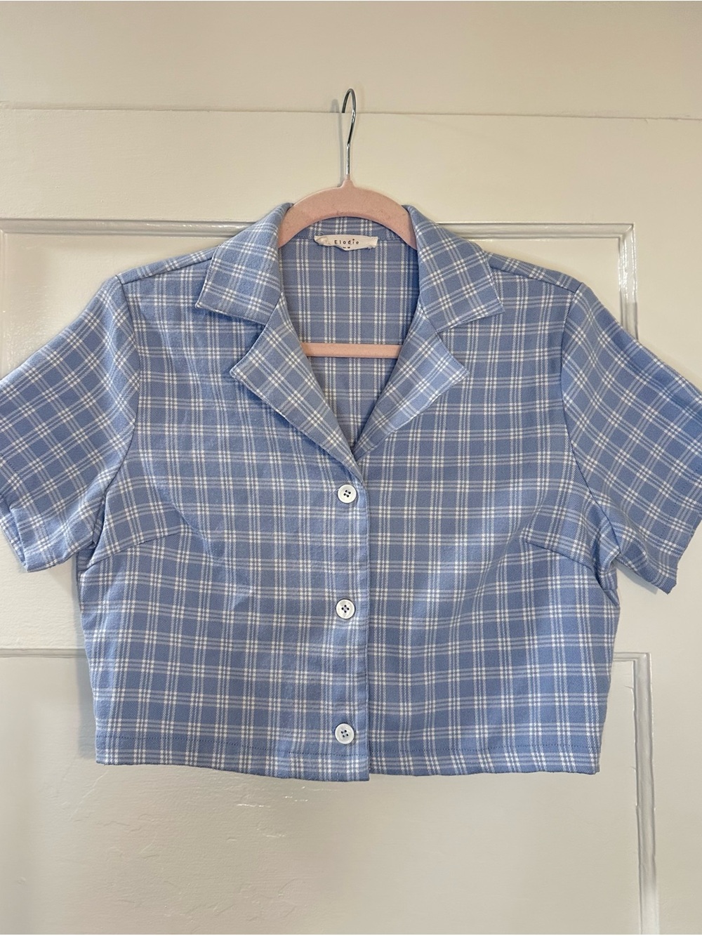 Elodie Women’s Blue White Plaid Crop Top Button Down Shirt